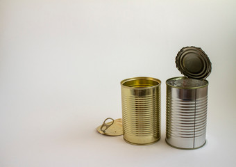 the right diagonal view of the two empty cans  standing  立っている空き缶二つ,右からの眺め