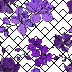 Vector Orchid floral botanical flowers. Black and purple engraved ink art. Seamless background pattern.