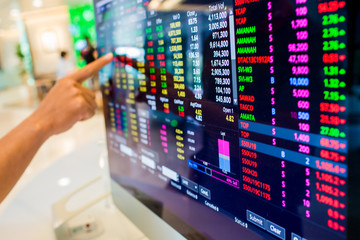 Stock exchange market business concept with selective focus effect. Display of Stock market quotes with finger pointing.