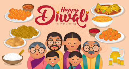 Diwali/Deepavali vector illustration with  Happy indian family enjoy the traditional festival foods/ meal (Murukku, Ladoo / Laddu, Curry, Curry Puff, Halwa and Rice)