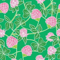 Hand drawn ink and color seamless vector floral pattern. Bright pink clover flowers with green leaves on dark blue background