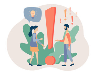 FAQ concept set. People around exclamations and question marks. Metaphor question answer. Flat cartoon style. Vector illustration