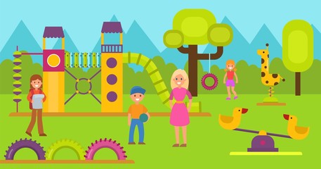 Obraz premium Happy kids on children playground vector illustration. Teen boy and girl with mothers or teacher walking and playing on game area. Childrens gaming and sport complex. Kindergarten or school area