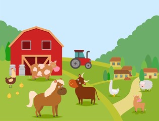 Obraz na płótnie Canvas Farm animals vector illustration. Domestic animals cow, bull and calf, sheep, horse. Poultry chicken with chicks and duck. Barn, cans, houses, tractor. Farmer house and his animals