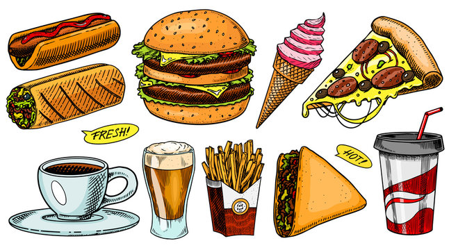 Junk Fast food, burger and hamburger, tacos and hot dog, burrito and beer, drink and ice cream. Vintage Sketch for restaurant menu. Hand drawn stickers in retro style.