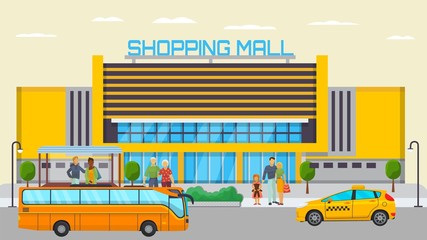 Shopping mall transport stop with different city people standing and waiting for transport vector illustration. Yellow bus and taxi road near market mall