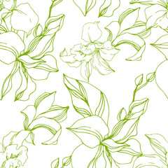 Vector Orchid floral botanical flowers. Black and white engraved ink art. Seamless background pattern.