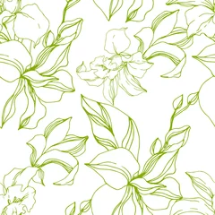 Küchenrückwand glas motiv Muster Vektor Orchidee Blumen botanische Blumen. Schwarz-weiß gravierte Tintenkunst. Nahtloses Hintergrundmuster.