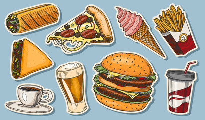 Junk Fast food, burger and hamburger, tacos and hot dog, burrito and beer, drink and ice cream. Vintage Sketch for restaurant menu. Hand drawn stickers in retro style.