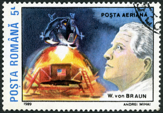 ROMANIA - 1989: shows Wernher Magnus Maximilian Freiherr von Braun (1912-1977), lunar module