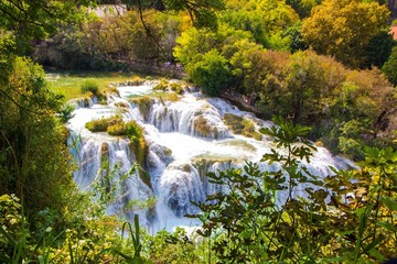 Waterfalls in Krka National Park, Croatia. Magical landscape of flowing waterfalls.