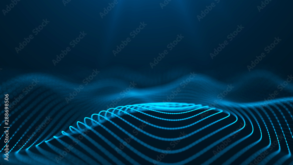 Poster Wave 3d. 3D blue glowing abstract background. Abstract background with a dynamic wave. 3d rendering.