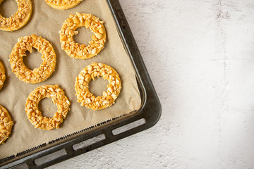 Homemade cake.Peanut butter ring cookies. Baking for Christmas