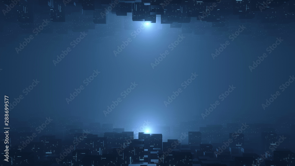 Poster 3d rendering of abstract cube data geometry with glowing dots and lines from both and bottom side. c