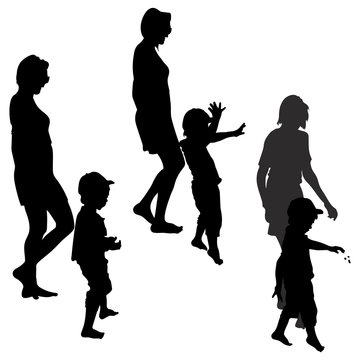 Vector silhouettes of a young woman and a little boy, a child throwing stones in three variants.