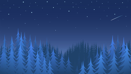 Night winter coniferous forest with a starry sky. Blue silhouettes of pines and firs. Vector illustration of taiga as a background.