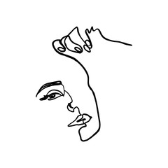 One Line Woman's Face and Hand. Continuous line Portrait of a girl In a Modern Minimalist Style. Vector Illustration young female. For printing on t-shirt, Web Design, beauty Salons, Posters and other