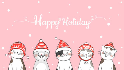 Draw banner cat for Christmas day and New year on pink.
