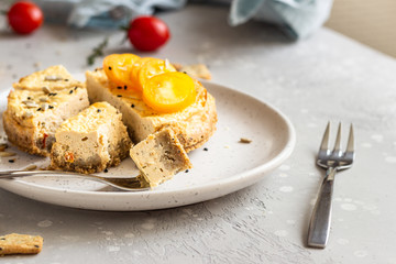 Savoury cheesecake with tomatoes and thyme.