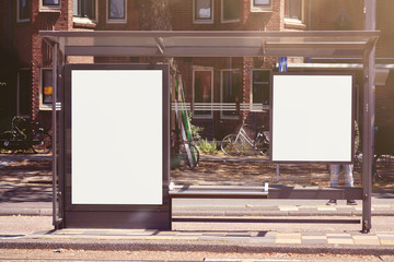 Mockup of a blank empty white advertising urban billboard, placeholder template at city tram stop, space for design layout.