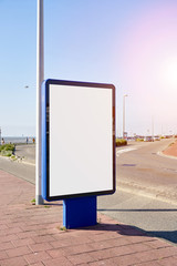Mockup of a blank empty white advertising urban billboard at seaside on the street, space for design layout.
