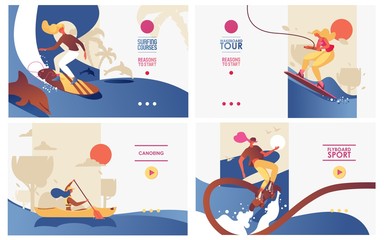 Vector concept banners set with women doing extreme water sports on boards and canoe. Wakeboarding, suffing, flyboarding training landing pages good for young activities and healthy lifestyle