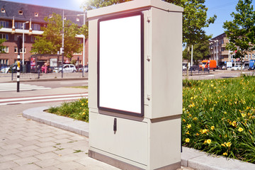 Mockup of a blank empty white advertising urban billboard, placeholder template on tram stop, space for design layout.