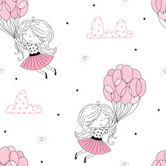 Naadloze patroon vectorillustratie. Schattig klein meisje in roze vliegen weg in de lucht met haar roze paraplu. Vector grappige doodle illustratie voor meisjesachtige ontwerpen zoals textiel kleding print, kunst aan de muur.
