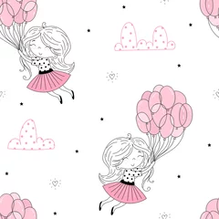 Keuken foto achterwand Dieren met ballon Naadloze patroon vectorillustratie. Schattig klein meisje in roze vliegen weg in de lucht met haar roze paraplu. Vector grappige doodle illustratie voor meisjesachtige ontwerpen zoals textiel kleding print, kunst aan de muur.