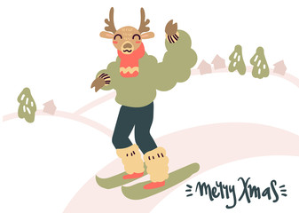 Flat style cartoon cute character deer dressed in warm clothes skiing in the mountains. Outdoor winter activity, Merry Christmas card. Hand drawn vector illustration.