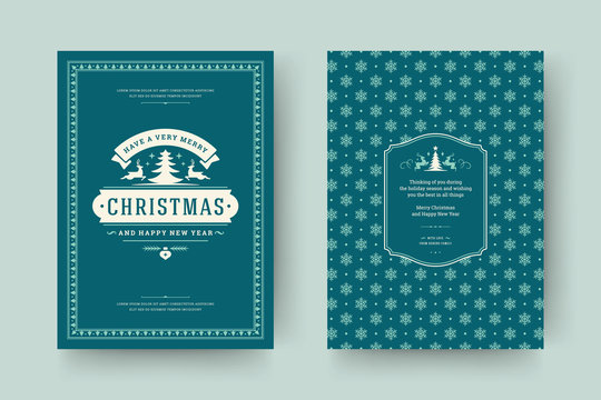 Christmas greeting card vintage typographic design, ornate decorations symbols with tree, winter holidays wish