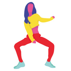 Fototapeta na wymiar Girl in flat-style vigorously dancing. In motion. Bright and active vector illustration.