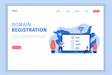 Domain registration illustration concept with character landing page template - obrazy, fototapety, plakaty
