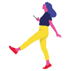 The girl is holding the phone. Bright vector illustration in flat style.
