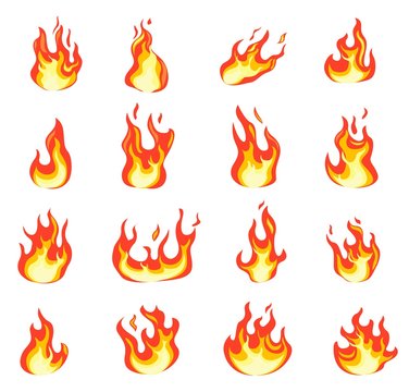 Cartoon fire flame. Fires comic images, bonfire flaming ignition, evil hell blaze. Hot temperature and fever icons flat vector set. Illustration hot flame, burn bonfire, flammable animation