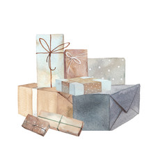 Watercolor Christmas presents. Hand drawn gift boxes isolated on white background. Set of greeting objects in vintage style