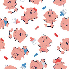 Cute newborn baby vector seamless pattern on a white background for wallpaper, wrapping, packing, and backdrop.