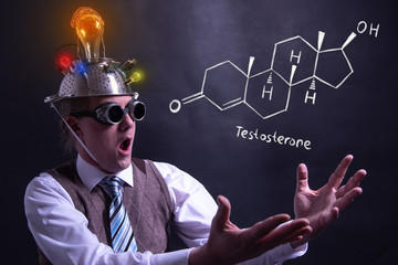 Nerd presenting handdrawn chemical formula of testosterone