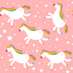 Cute unicorn vector seamless pattern on a pink background for wallpaper, wrapping, packing, and backdrop.