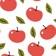 Red apple with leaf vector seamless pattern on a white background for wallpaper, wrapping, packing, and backdrop.