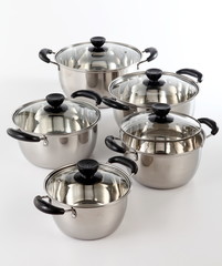 stainless steel pots isolated on white background