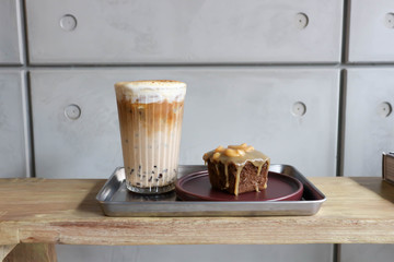 iced coffee and toffy cake