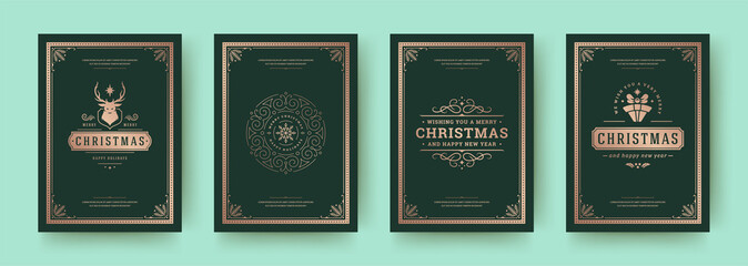 Christmas greeting cards vintage design, ornate decoration symbols and winter holidays wishes vector illustration