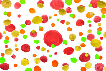 Abstract brush isolated on white paper. Circle watercolor pattern. Red, Orange, Green, Yellow polka dots.