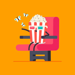 Funny popcorn in 3d glasses in cinema chair vector cartoon character isolated on background.
