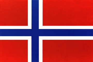 Norway national fabric flag, textile background. Symbol of international world european scandinavian country.