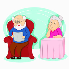 Grandfather and grandmother. Grandpa is reading a newspaper. Grandmother is sitting at the table. Day of Older Persons. Happy people