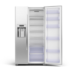 Modern side by side Stainless Steel Refrigerator. Fridge Freezer with open door isolated on white Background. 3d rendering