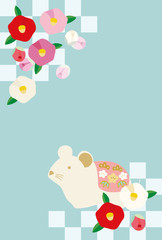 ネズミと椿の花の年賀状イラスト