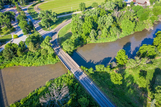 bridge over river in Nebraska Sandhills aerial view